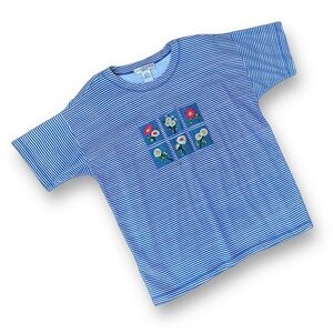 Vintage Victoria Jones Woman Blue Striped Tee with Floral Patch